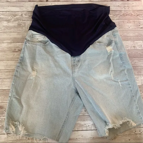 PinkBlush Denim Plus Size Distressed Light Wash Maternity Bermuda Shorts