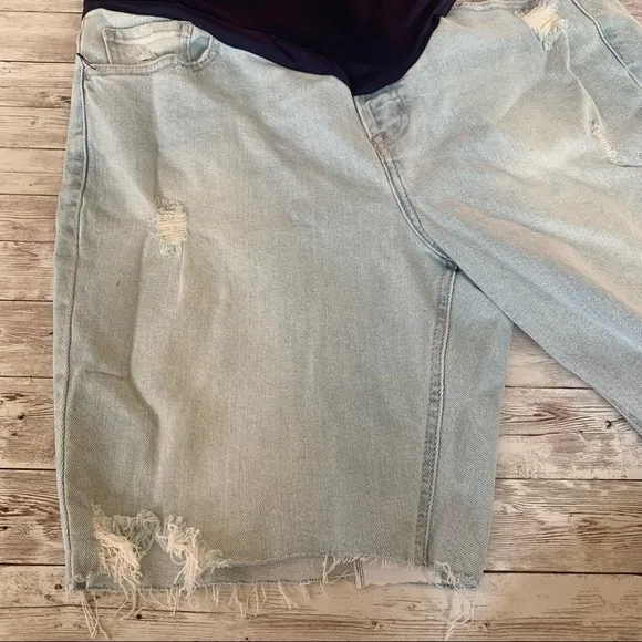 PinkBlush Denim Plus Size Distressed Light Wash Maternity Bermuda Shorts