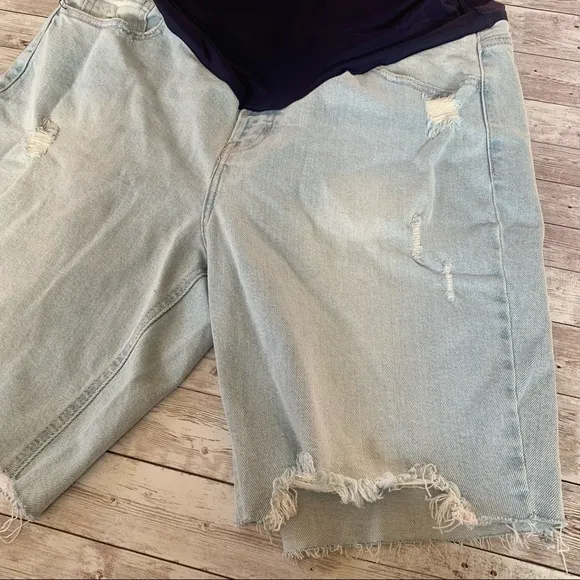 PinkBlush Denim Plus Size Distressed Light Wash Maternity Bermuda Shorts