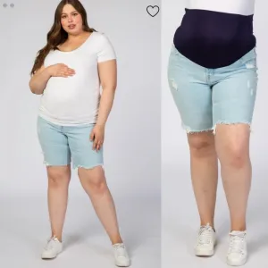 PinkBlush Denim Plus Size Distressed Light Wash Maternity Bermuda Shorts
