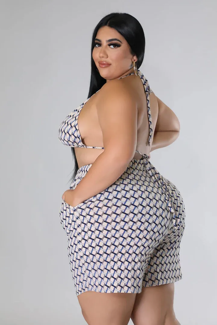 Plus   Curve Triangle Top High Waisted Summer Tan Three Piece Short Set