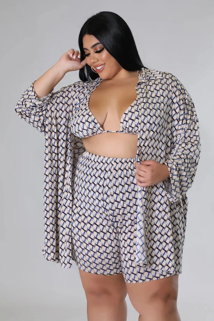 Plus   Curve Triangle Top High Waisted Summer Tan Three Piece Short Set