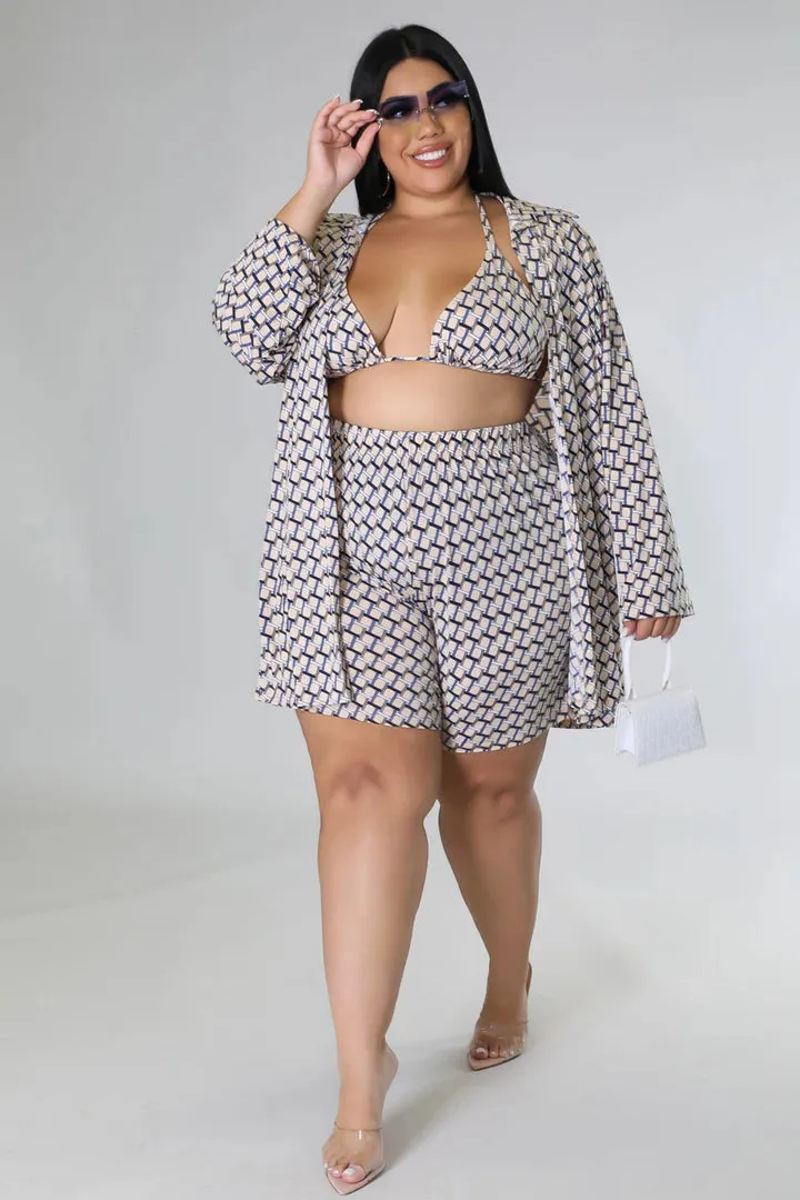 Plus   Curve Triangle Top High Waisted Summer Tan Three Piece Short Set