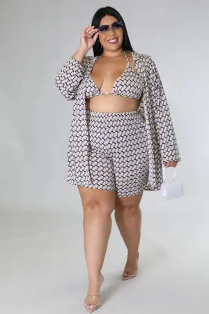 Plus   Curve Triangle Top High Waisted Summer Tan Three Piece Short Set