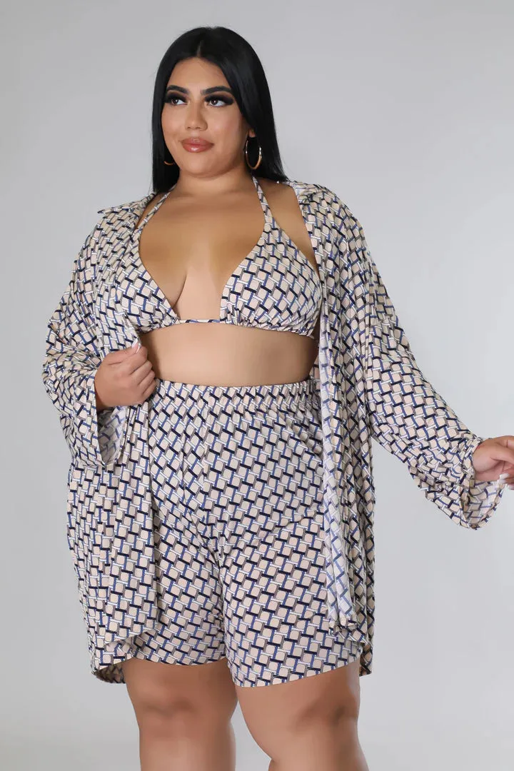 Plus   Curve Triangle Top High Waisted Summer Tan Three Piece Short Set