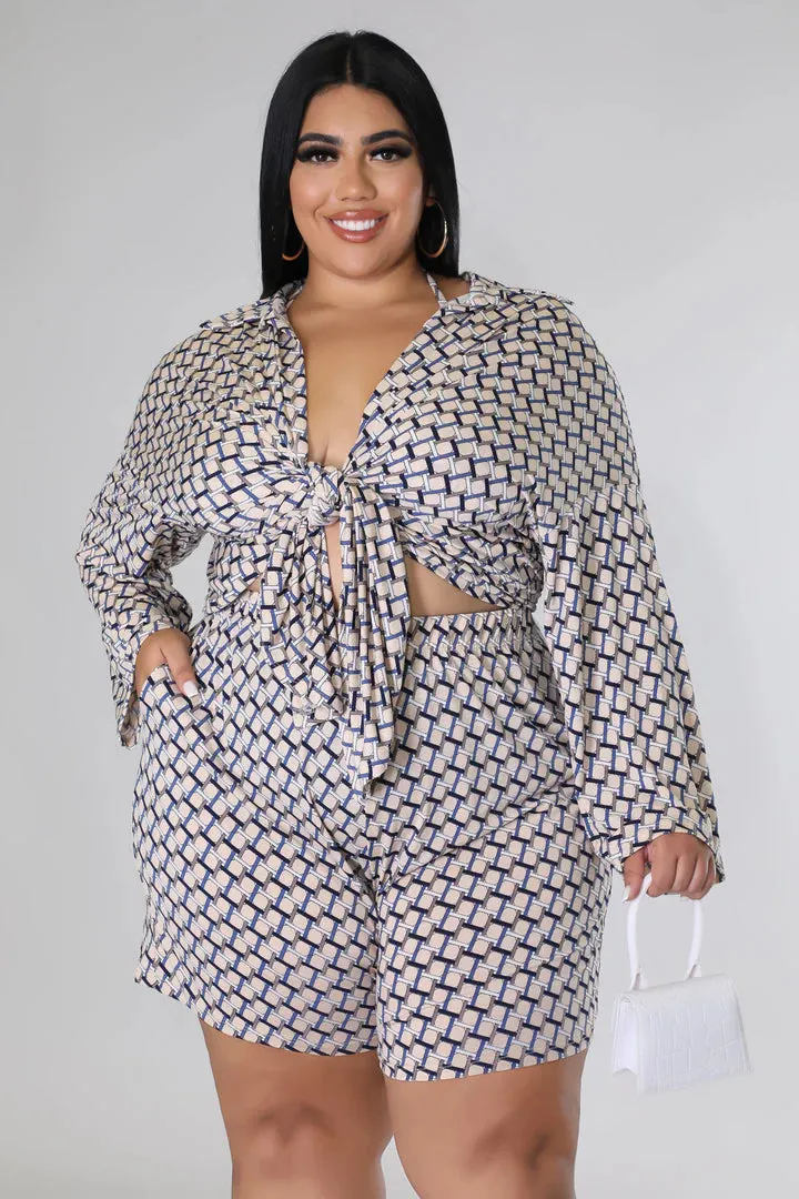 Plus   Curve Triangle Top High Waisted Summer Tan Three Piece Short Set