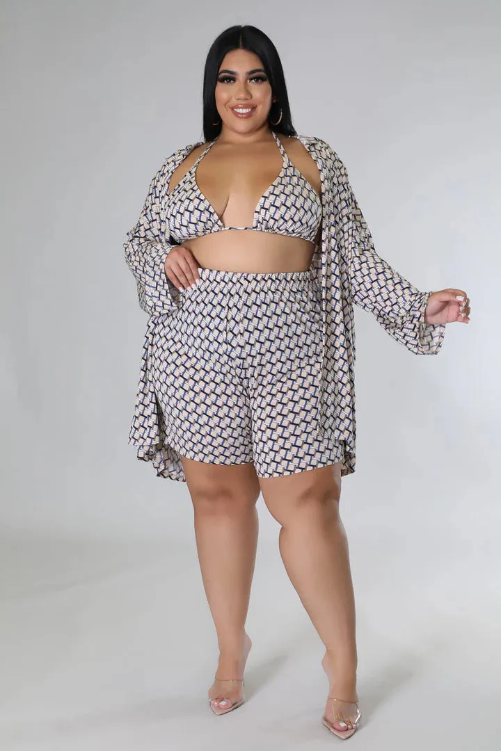Plus   Curve Triangle Top High Waisted Summer Tan Three Piece Short Set