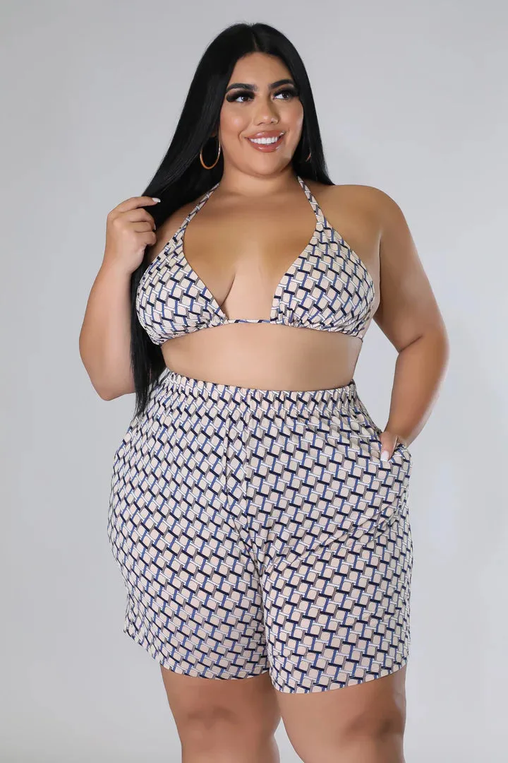 Plus   Curve Triangle Top High Waisted Summer Tan Three Piece Short Set
