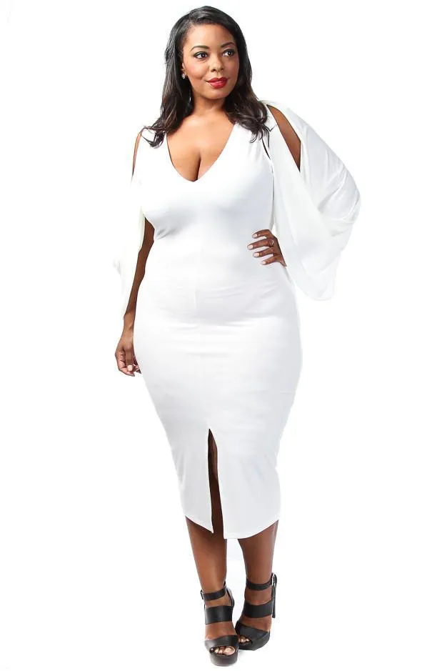 Plus Size Solid Cape Sleeve Midi Dress