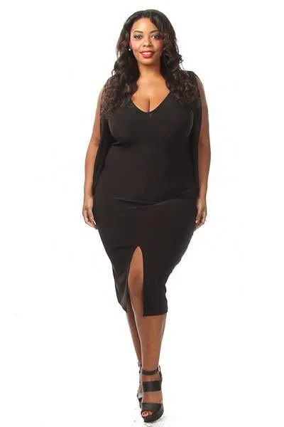 Plus Size Solid Cape Sleeve Midi Dress