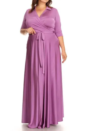 Plus Size Solid Poly Stretch Wrap A-Line Maxi Dress