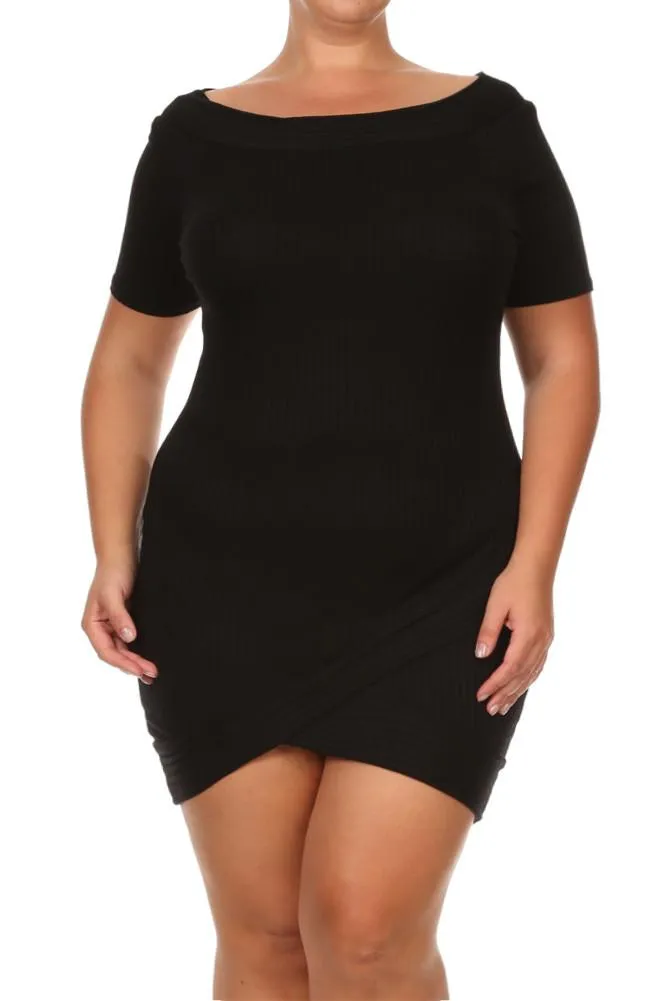 Plus Size Wide Collar Wrap Skirt Ribbed Dress