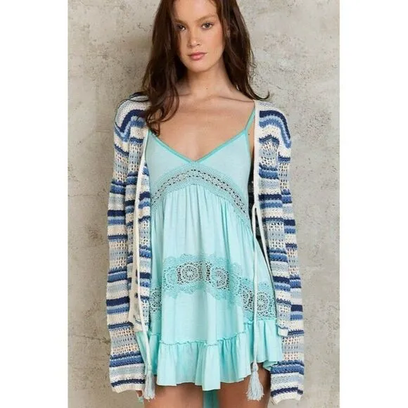 POL Head in the Clouds Lightweight Open Cardigan Sweater in Ivory Blue YST263