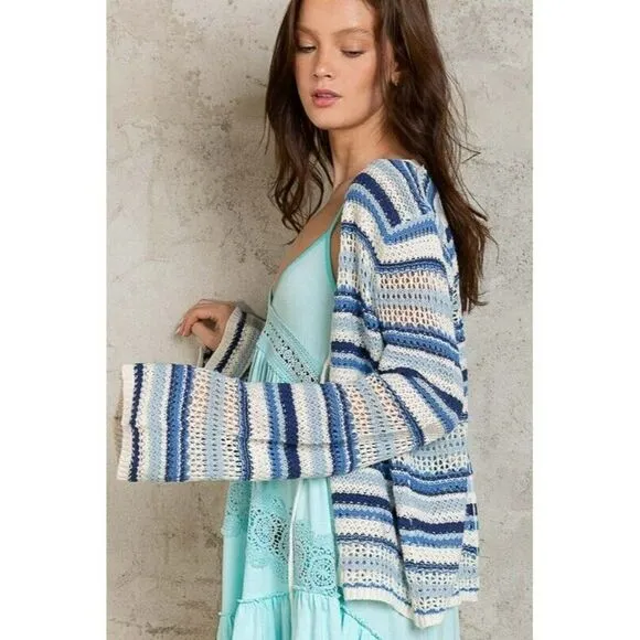 POL Head in the Clouds Lightweight Open Cardigan Sweater in Ivory Blue YST263