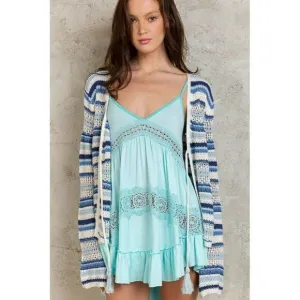 POL Head in the Clouds Lightweight Open Cardigan Sweater in Ivory Blue YST263