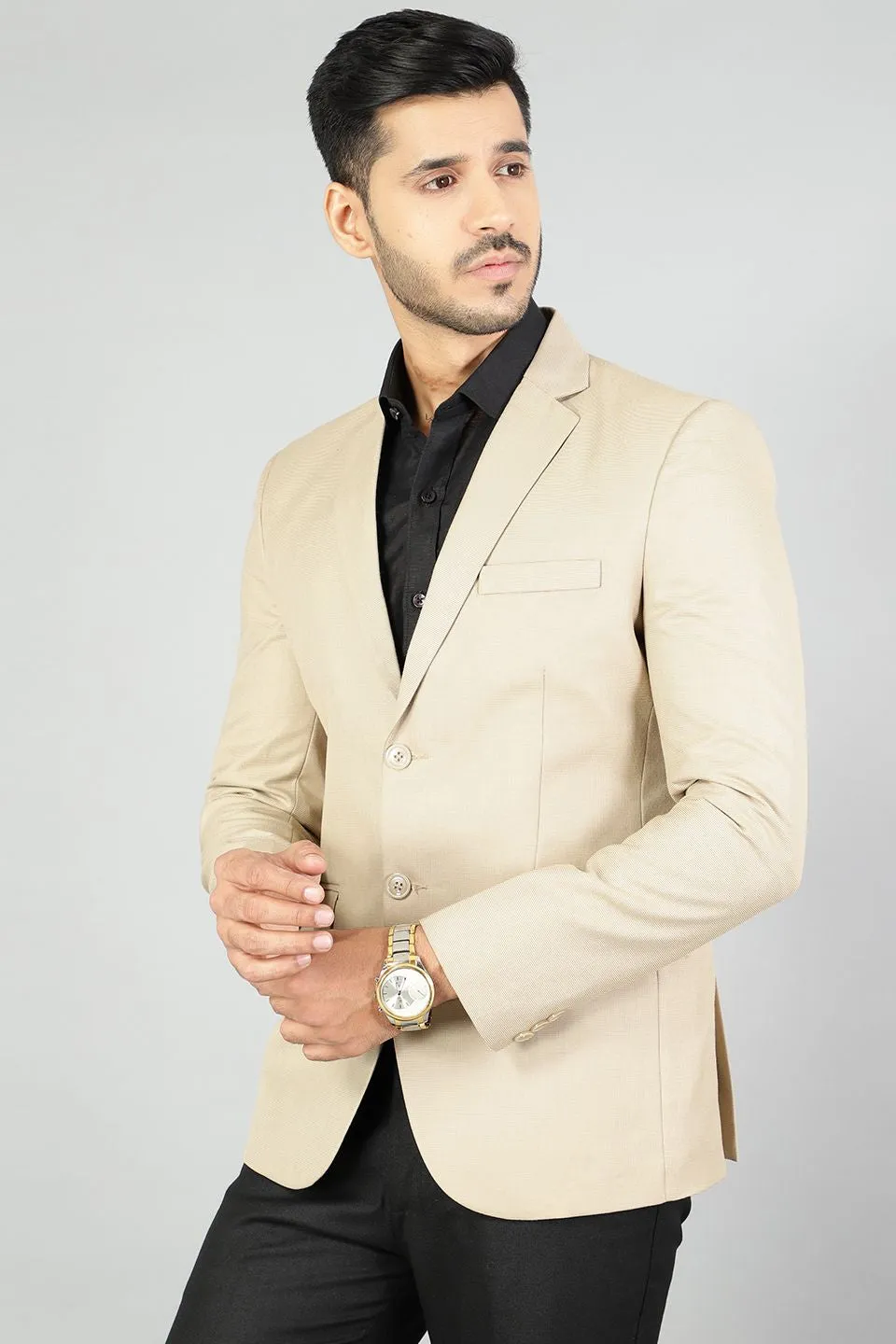Polyester Cotton Plain Beige Blazer