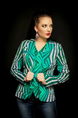 Q115 - Geometric African Print Blazer/Jacket - B9300 Green/Teal