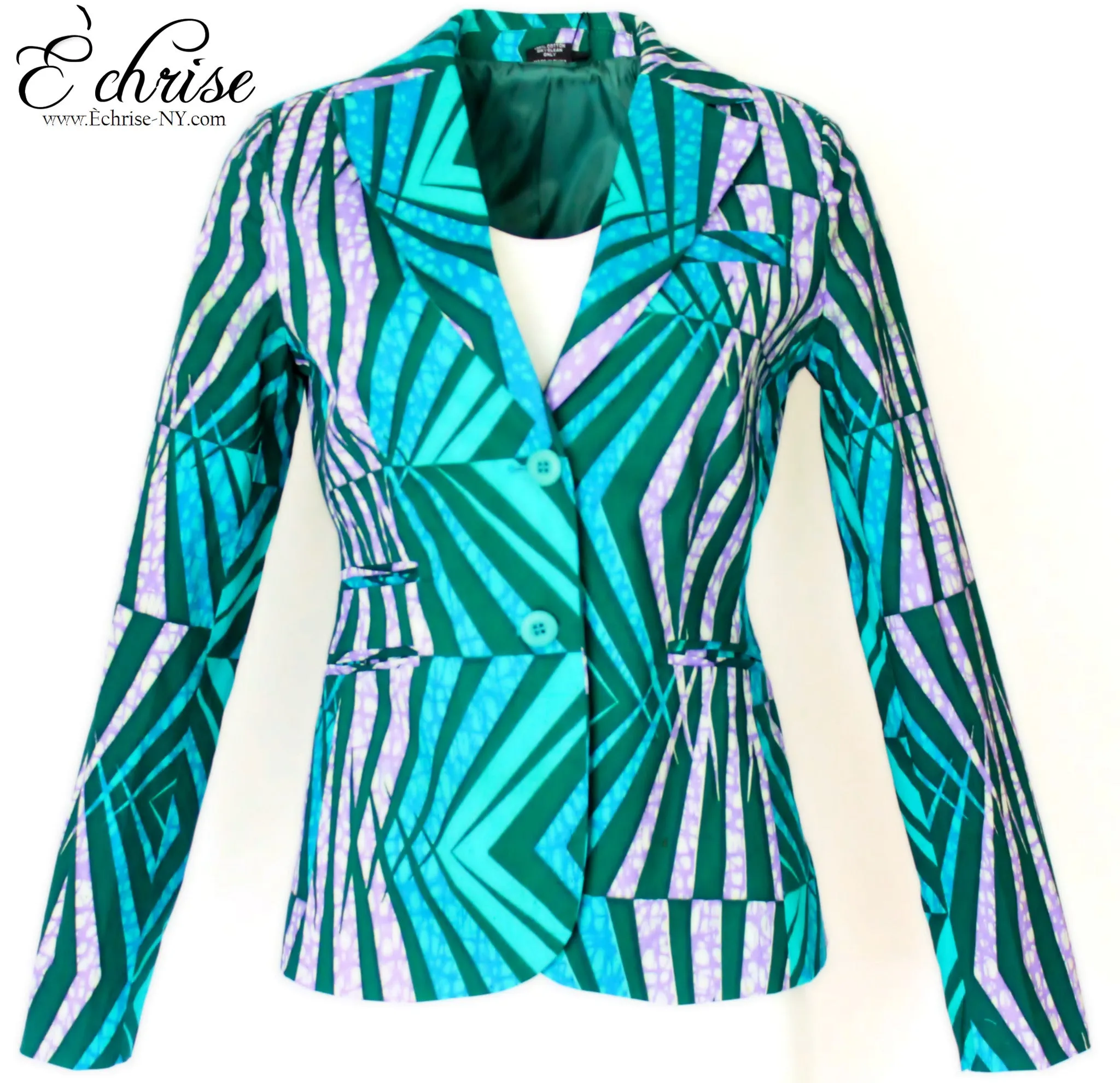Q115 - Geometric African Print Blazer/Jacket - B9300 Green/Teal