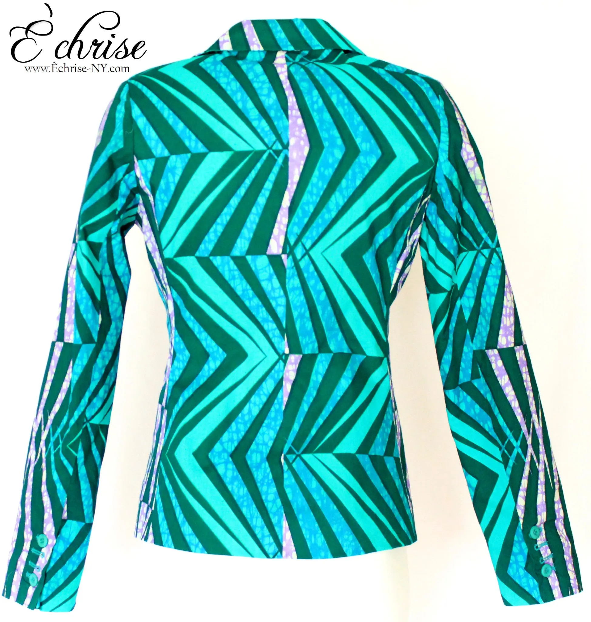 Q115 - Geometric African Print Blazer/Jacket - B9300 Green/Teal