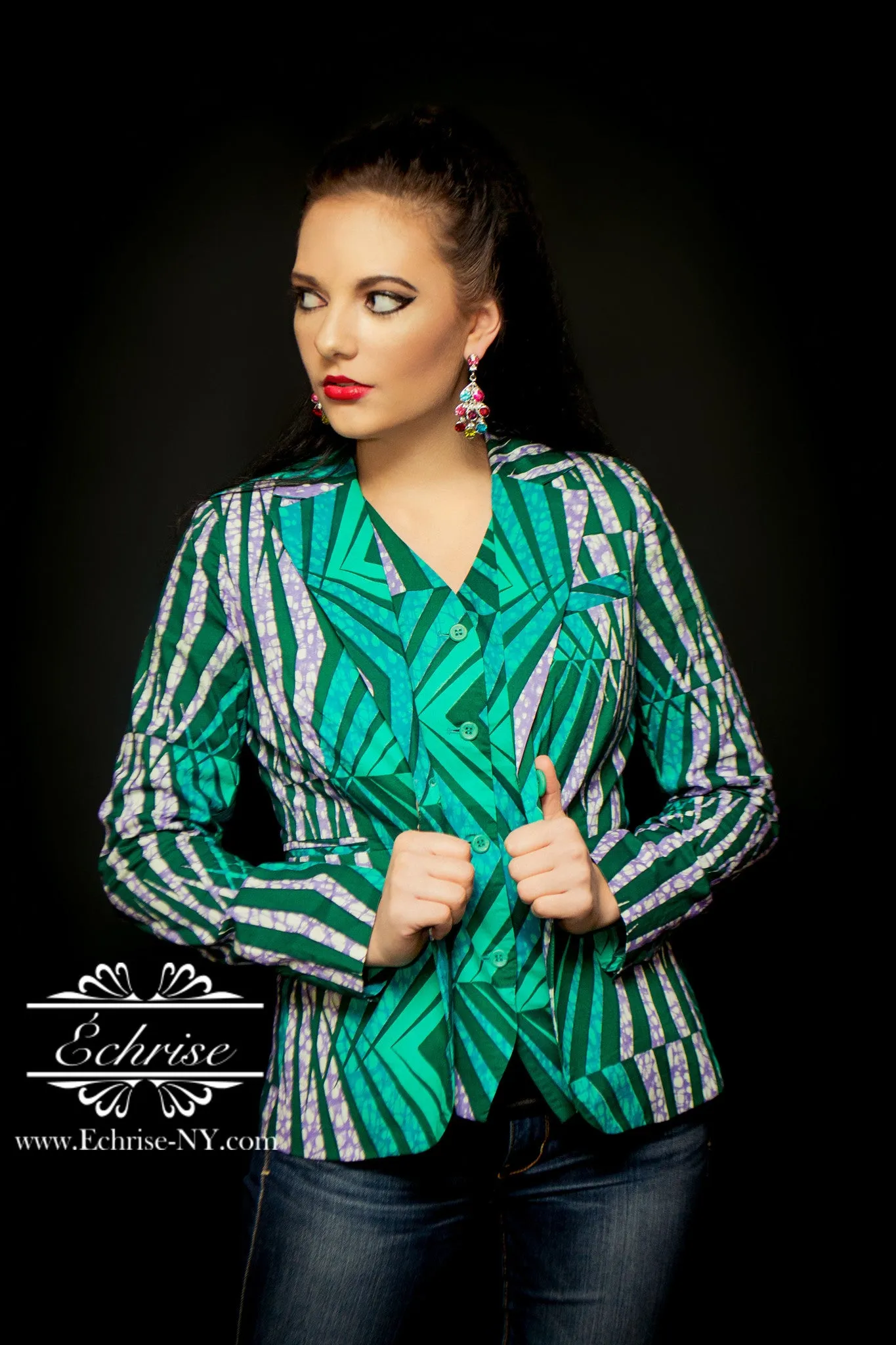 Q115 - Geometric African Print Blazer/Jacket - B9300 Green/Teal