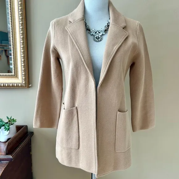 Quince Open 100% Organic Cotton Knit Cardigan Sweater Blazer Camel Tan Size XS