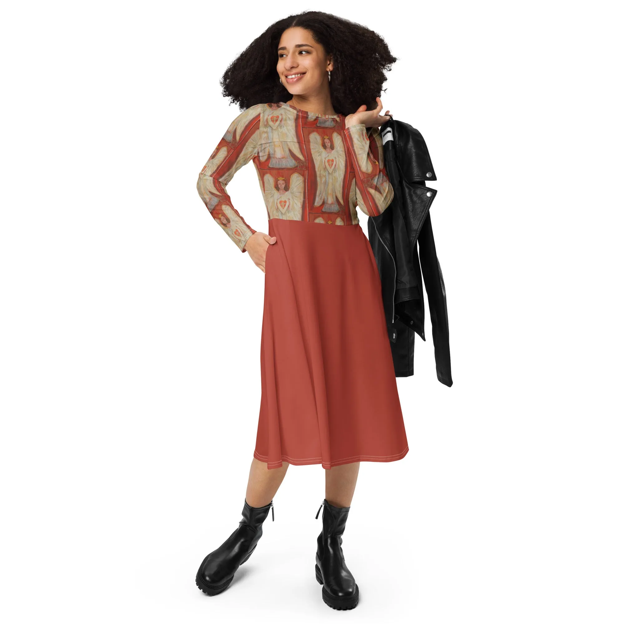"Angel - Coral" long sleeve midi dress