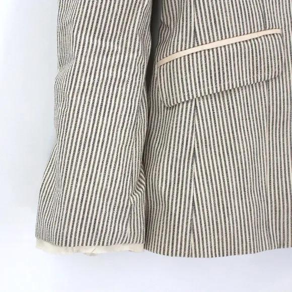Rag &amp; Bone Cream Black Pinstripe Cotton Linen Blazer 2 Raw Cut Collar Jacket XS