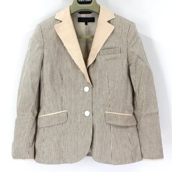 Rag &amp; Bone Cream Black Pinstripe Cotton Linen Blazer 2 Raw Cut Collar Jacket XS