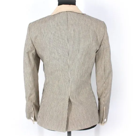 Rag &amp; Bone Cream Black Pinstripe Cotton Linen Blazer 2 Raw Cut Collar Jacket XS