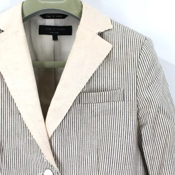 Rag &amp; Bone Cream Black Pinstripe Cotton Linen Blazer 2 Raw Cut Collar Jacket XS