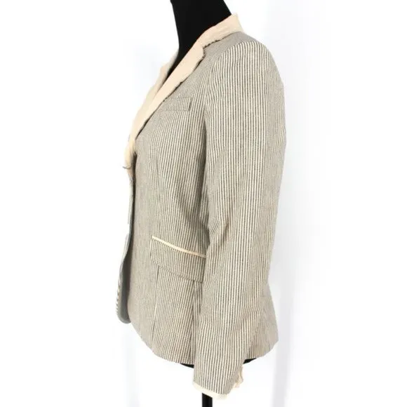 Rag &amp; Bone Cream Black Pinstripe Cotton Linen Blazer 2 Raw Cut Collar Jacket XS