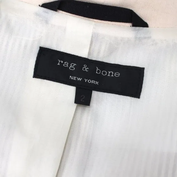 Rag &amp; Bone Cream Black Pinstripe Cotton Linen Blazer 2 Raw Cut Collar Jacket XS