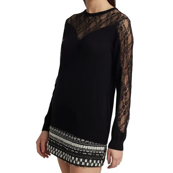 Ramy Brooke Lace Lindsay Sweater Size L Black Wool Blend Neutral Date Night