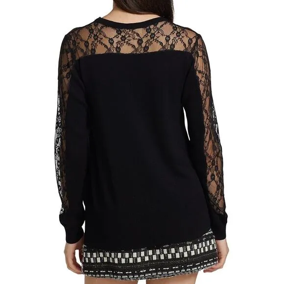 Ramy Brooke Lace Lindsay Sweater Size L Black Wool Blend Neutral Date Night