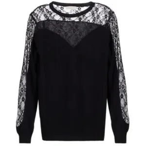 Ramy Brooke Lace Lindsay Sweater Size L Black Wool Blend Neutral Date Night