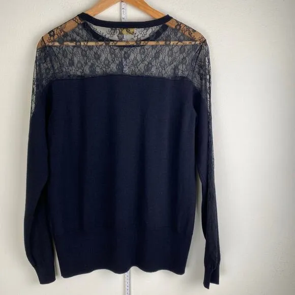 Ramy Brooke Lace Lindsay Sweater Size L Black Wool Blend Neutral Date Night