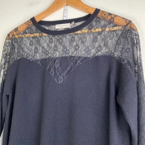 Ramy Brooke Lace Lindsay Sweater Size L Black Wool Blend Neutral Date Night
