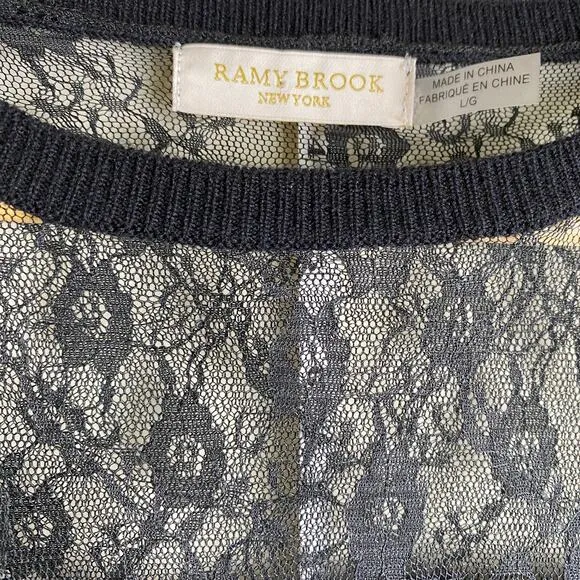 Ramy Brooke Lace Lindsay Sweater Size L Black Wool Blend Neutral Date Night