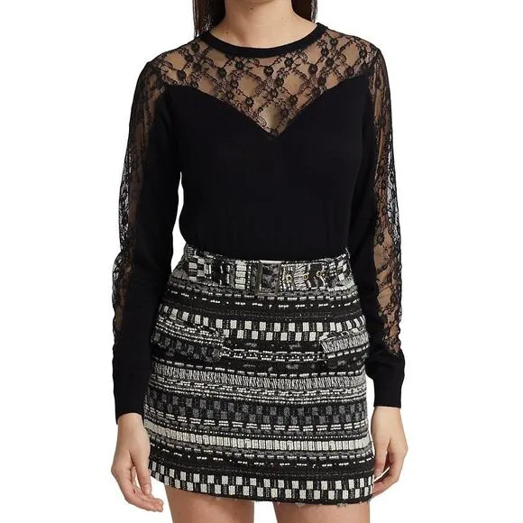 Ramy Brooke Lace Lindsay Sweater Size L Black Wool Blend Neutral Date Night