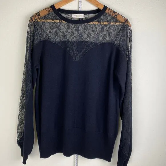 Ramy Brooke Lace Lindsay Sweater Size L Black Wool Blend Neutral Date Night
