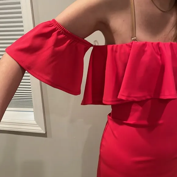 Red ruffle midi dress