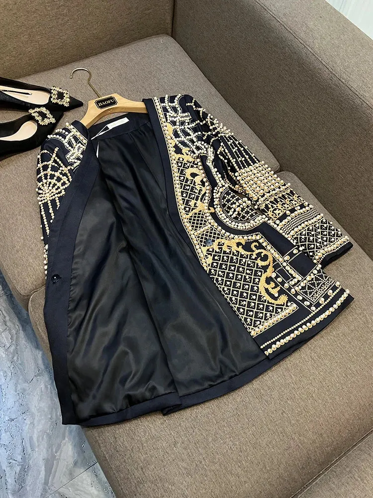 Retro Printed V-neckline Hidden Snap Blazer