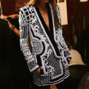 Retro Printed V-neckline Hidden Snap Blazer