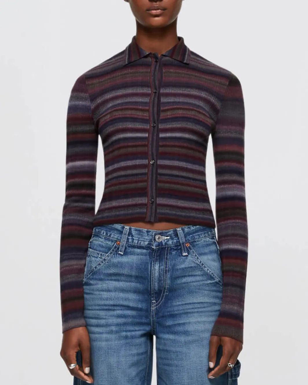 RIBBED POLO CARDIGAN IN LAVENDER COMBO