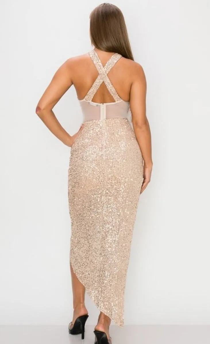 Rose Gold Sequin Wrap me up Dress