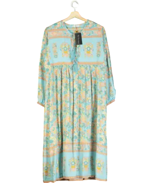 R.Vivimos Multicoloured Casual Bohemian Print Neck Tie Long Sleeve Beach Style Long Midi Dress Vacation Dress UK M