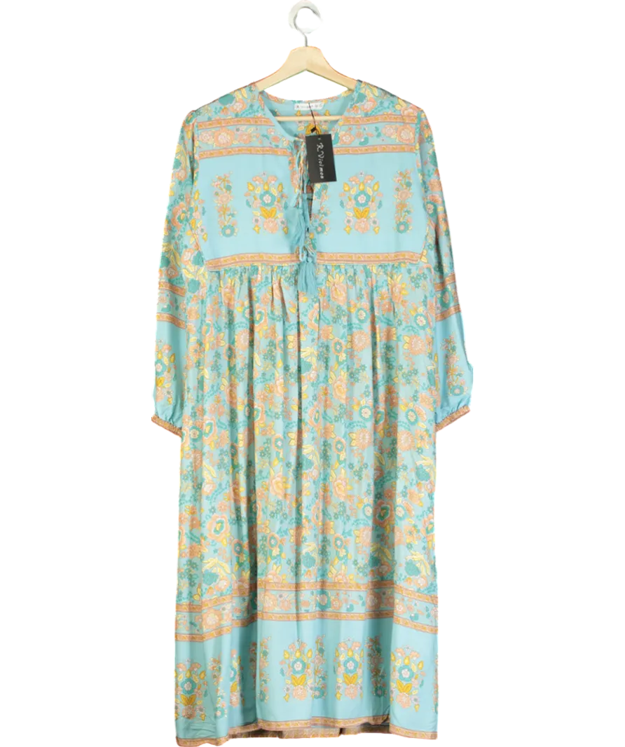 R.Vivimos Multicoloured Casual Bohemian Print Neck Tie Long Sleeve Beach Style Long Midi Dress Vacation Dress UK M