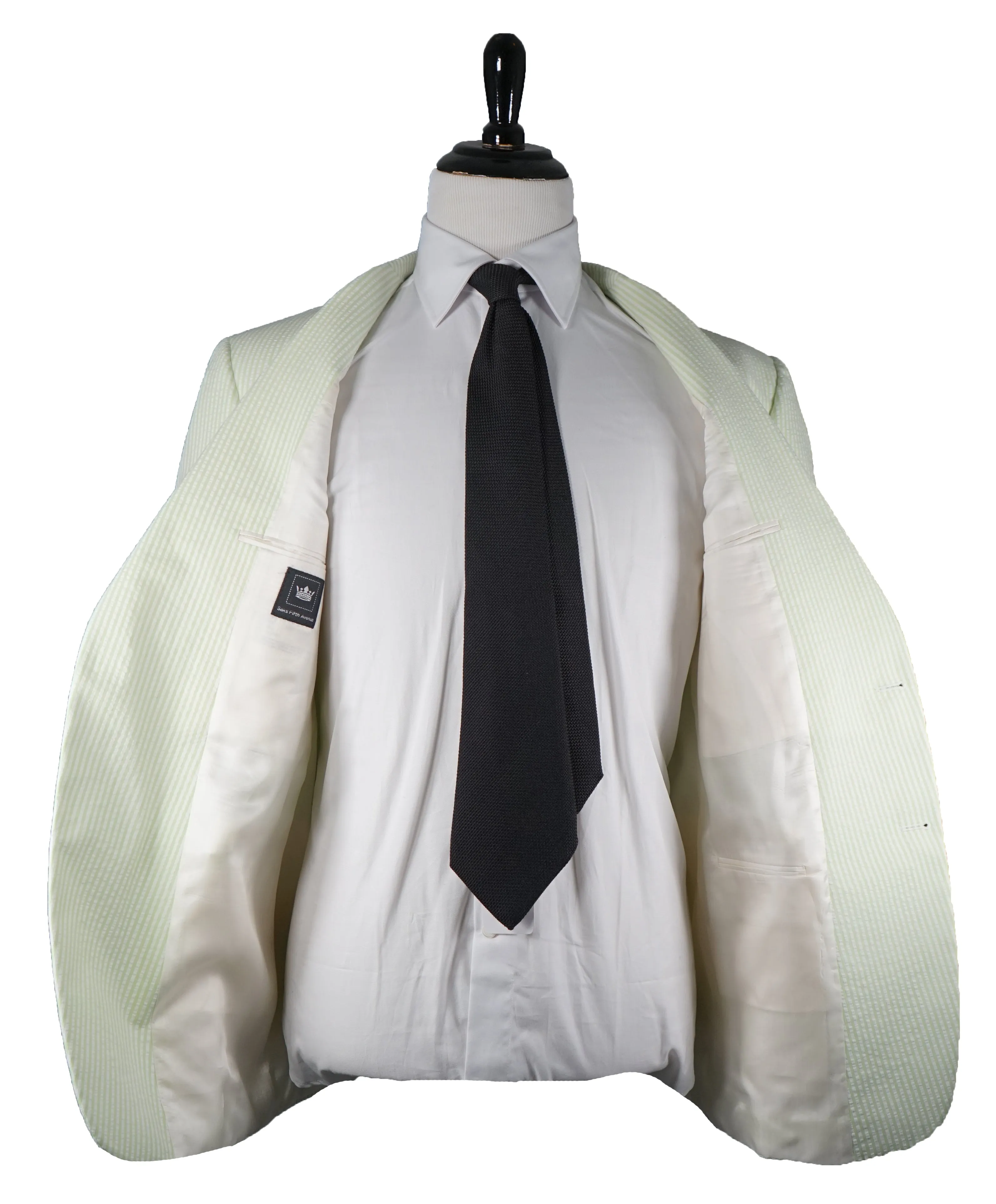 SAKS 5TH AVE BY HICKEY FREEMAN - Ivory & Lime Green Seersucker Striped Blazer -  46R