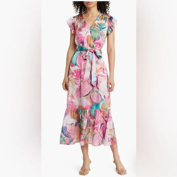 Sam Edelman Colorburst Leaf Print Faux Wrap Dress - Size 10