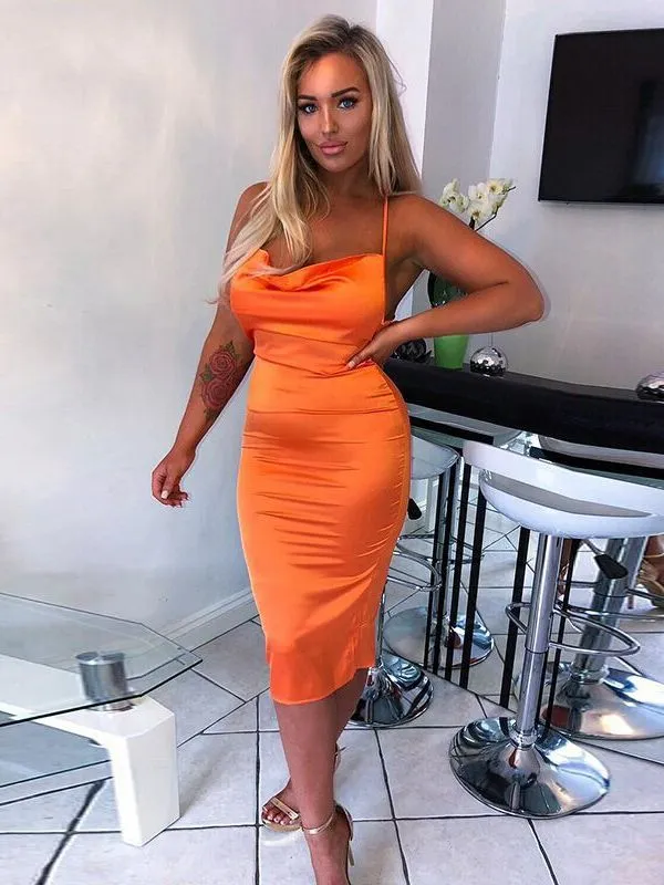 Satin Lace Up Bodycon Dress Spaghetti Strap Backless Sleeveless Midi dress